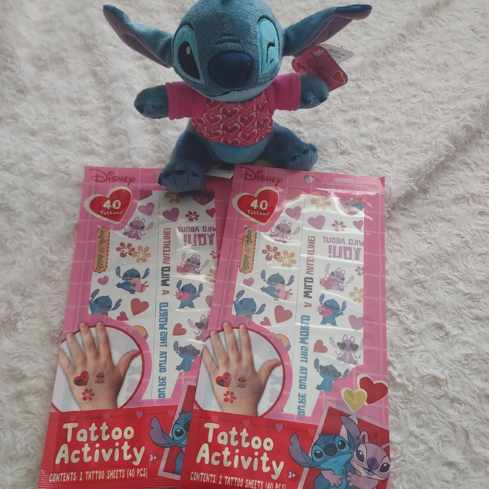 Disney Stitch Bundle Plush Pink Heart Shirt Tattoo Activity Packs & Mini Figure